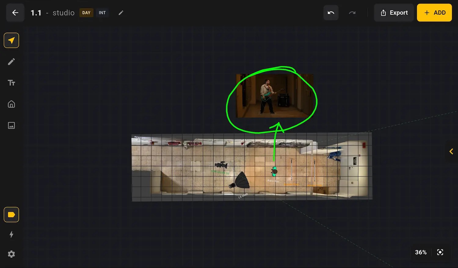A custom reference image placed above a SETMAP studio floor plan